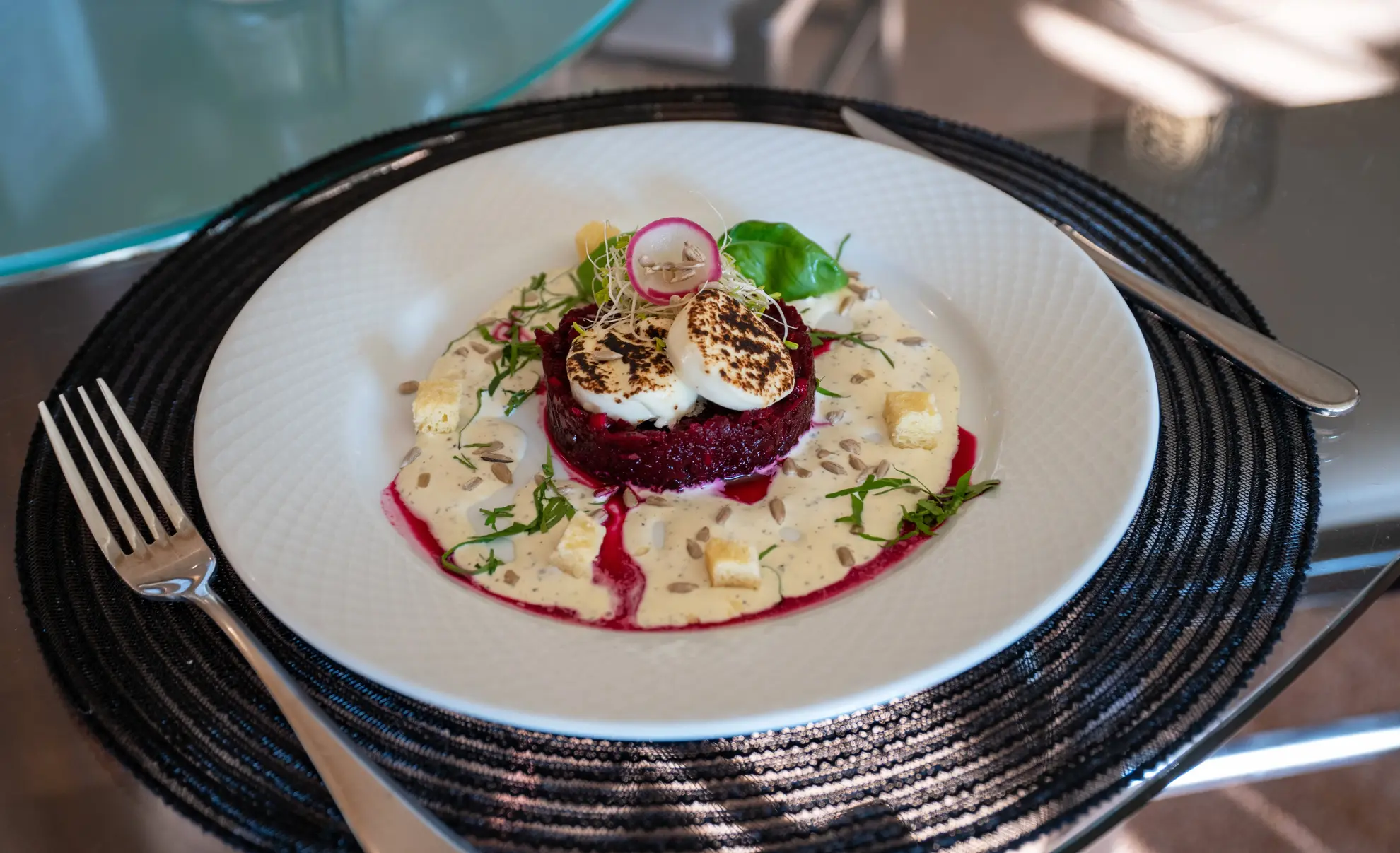 Sous-vide beetroot with grilled scallops and a butter sauce