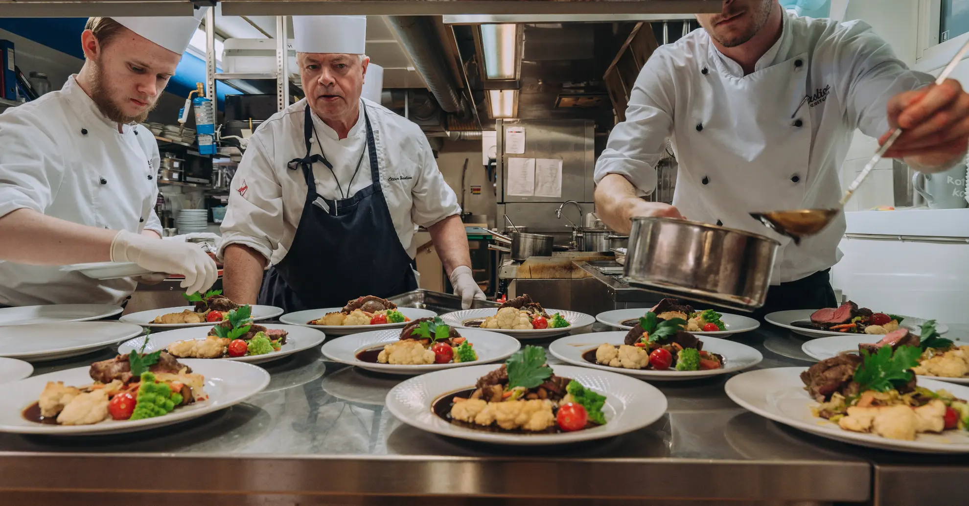 The chefs preparing dinner in the modern kitchen